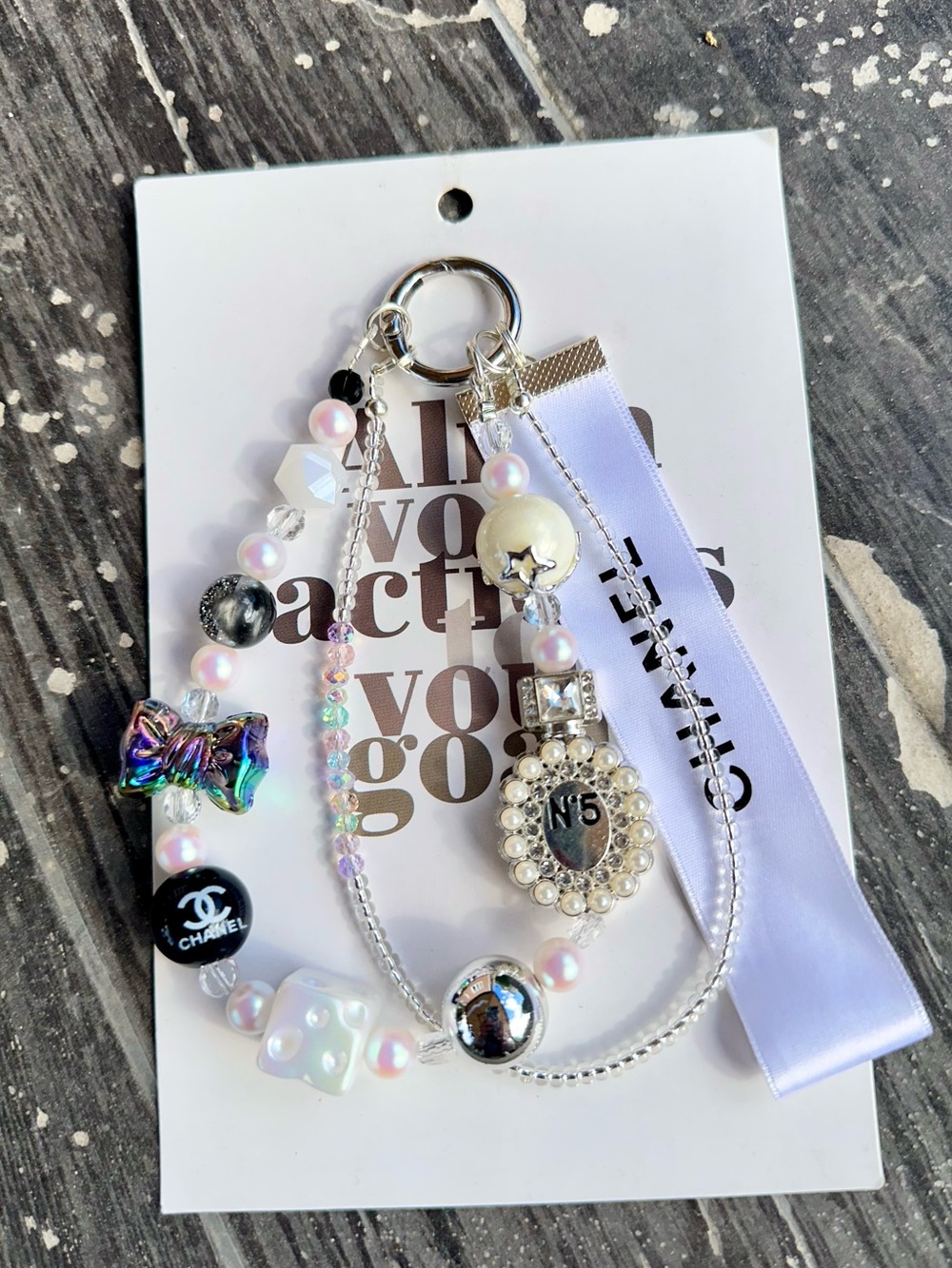 Authentic CC Camellia White, Silver & Black Pearl Perfume bottle No5 Bag Charm
